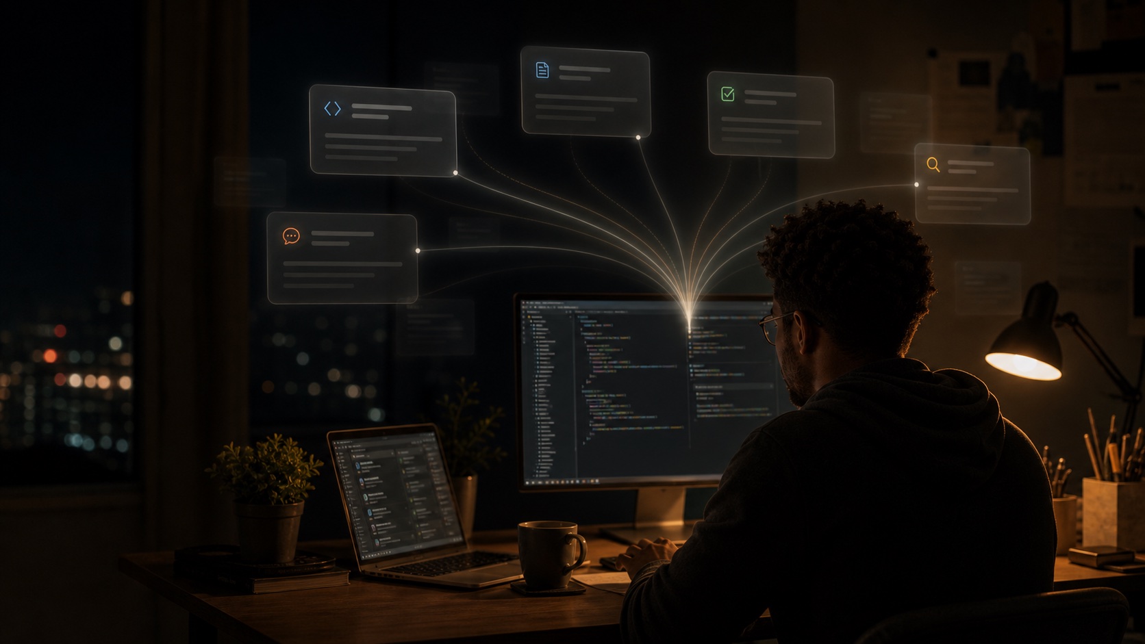 An engineer working late at a computer as streams of agent tasks converge on the screen